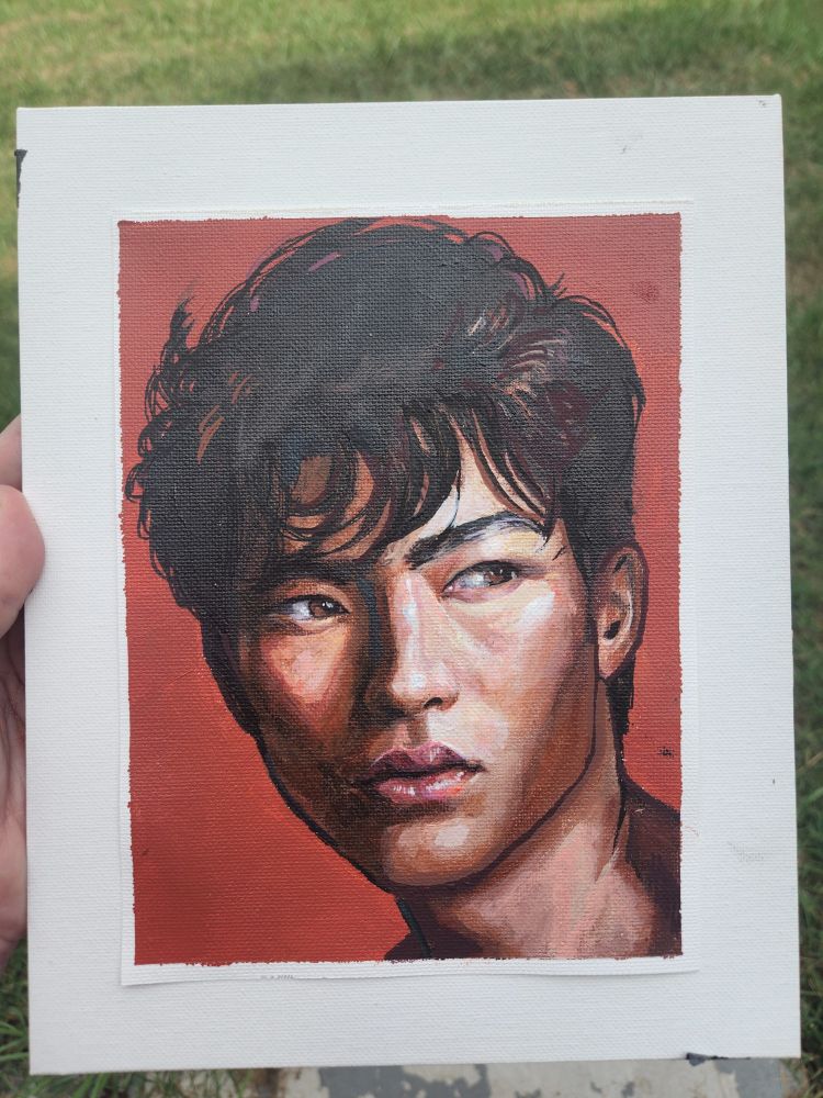 Acrylic painting portrait study. 6 by 8 inches. Handsome young man on a red background