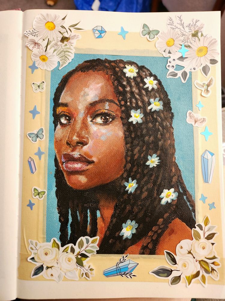 Acrylic painting of a beautiful black woman with daisy flowers decorating her bakr
 Around the image as decoration there are stickers of butterflies birds crystals and flowers