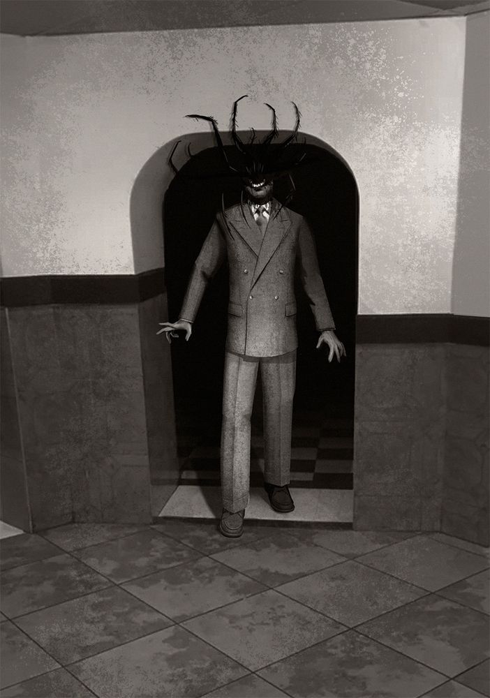 Man leaves a weird door way the top of his head is basically a spider
