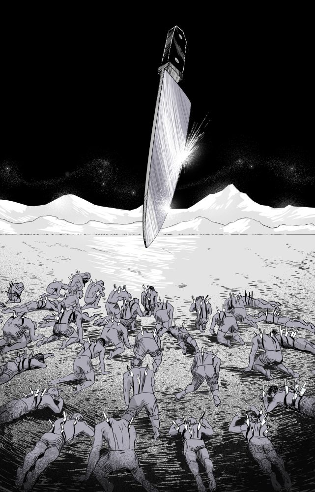 In a desolate plain, fallen and kneeling men impaled in the back with knives, seem to worship in adulation a giant floating kitchen knife. 