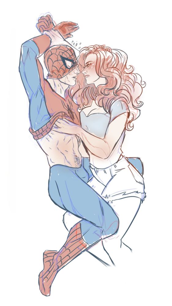Mary Jane and spider man in a sexy embrace. Mary Jane is peeling up Spiderman's shirt. And pinning his wrists above his head while he looks flustered. 

He's into it. Spiderman can throw a car bes just being a cute little sub for MJ
