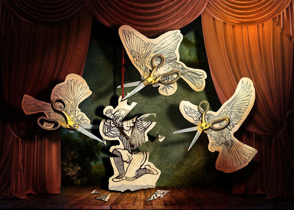 Digital collage of a theater stage. A wooden floor red curtains and a dark green backdrop with hints of foliage. On the stage a scene plays out. A boy made of paper hung on a red string  weeps and cries as he is attacked by strange creatures. The creatures are paper birds, but their heads are scissors with gold handles. Bits of paper flutter down and one of the creatures has its "beak " scissor blades open about to snip the red thread.