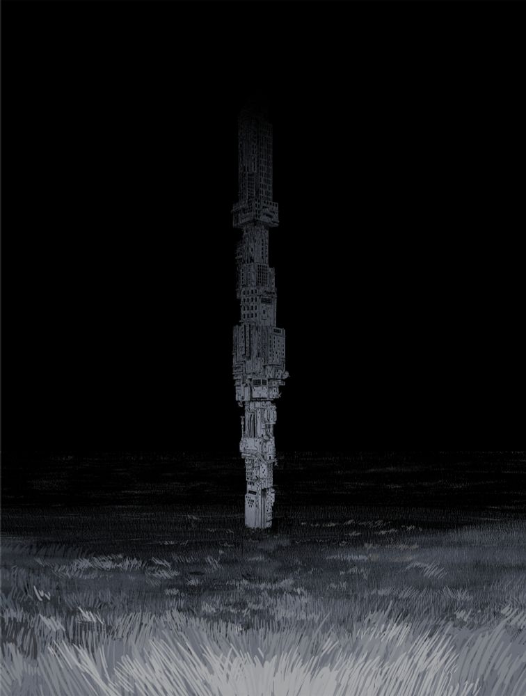 A strange lone tower in a endless field of gray grass, lit low as if by a flashlight. The sky is pitch black and the tower seems to go up infinitely, swallowef up by the darkness