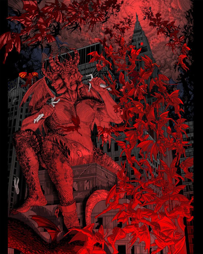 A giant scene soaked in reds. A highly detailed illustration with dozens of figures. A giant tri-faced demon king sits on a modern looking building like a throne. He is eating humans heads off and throwing aside the bodies. A giant swarm of smaller demons fly around him in a chaotic torrent. The city appears to be new York or somewhere like it.