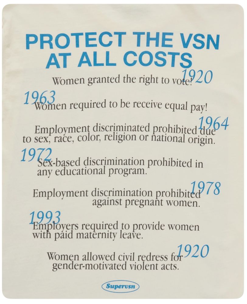 PROTECT THE VSN AT ALL COSTS
Women granted the right to vote! 20
19/63
omen required to be receive equal pay!
Employment discriminated prohibited tu 4 to sex, race, color, religion or national origin.
19 Sex-based discrimination prohibited in
any educational program.
Employment discrimination prohibited 78
against pregnant women.
1.993
implovers required to provide women with paid maternity leave.
Women allowed civil redress for 920 gender-motivated violent acts.
Superusn