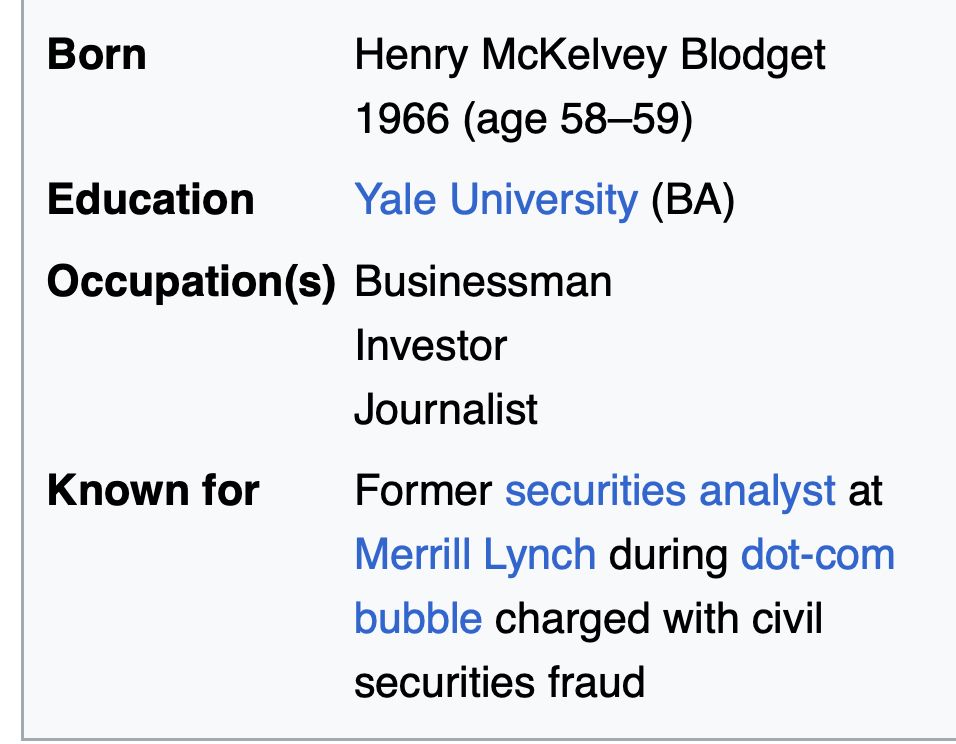 Screenshot from Blodget's Wikipedia entry, where he is "Known for being a Former securities analyst at Merrill Lynch during dot-com bubble charged with civil securities fraud."