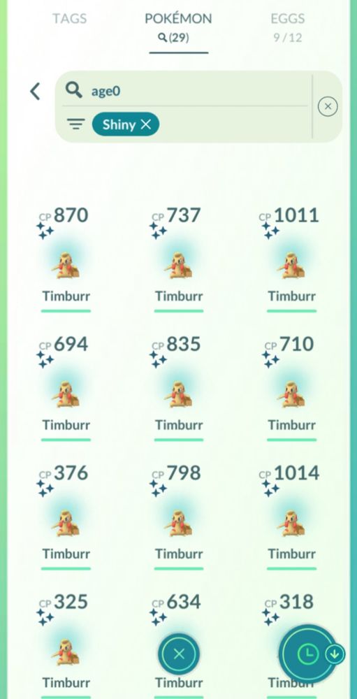 A screenshot of pokemon GO with 29 shiny Timburr.