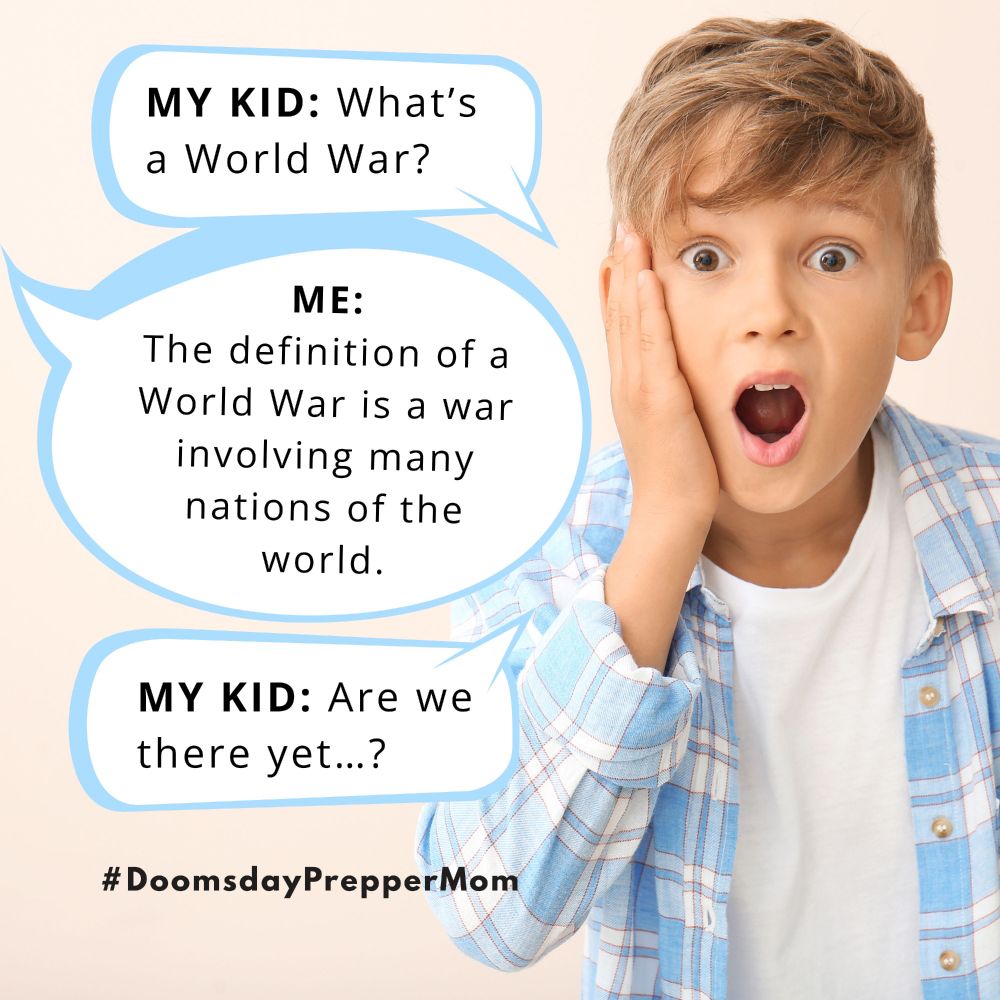 A young boy with light brown hair wearing a blue plaid shirt, looking surprised with one hand on his cheek and mouth open. Speech bubbles say:
“MY KID: What’s a World War?”
“ME: The definition of a World War is a war involving many nations of the world.”
“MY KID: Are we there yet…?”
Hashtag at bottom: #DoomsdayPrepperMom.