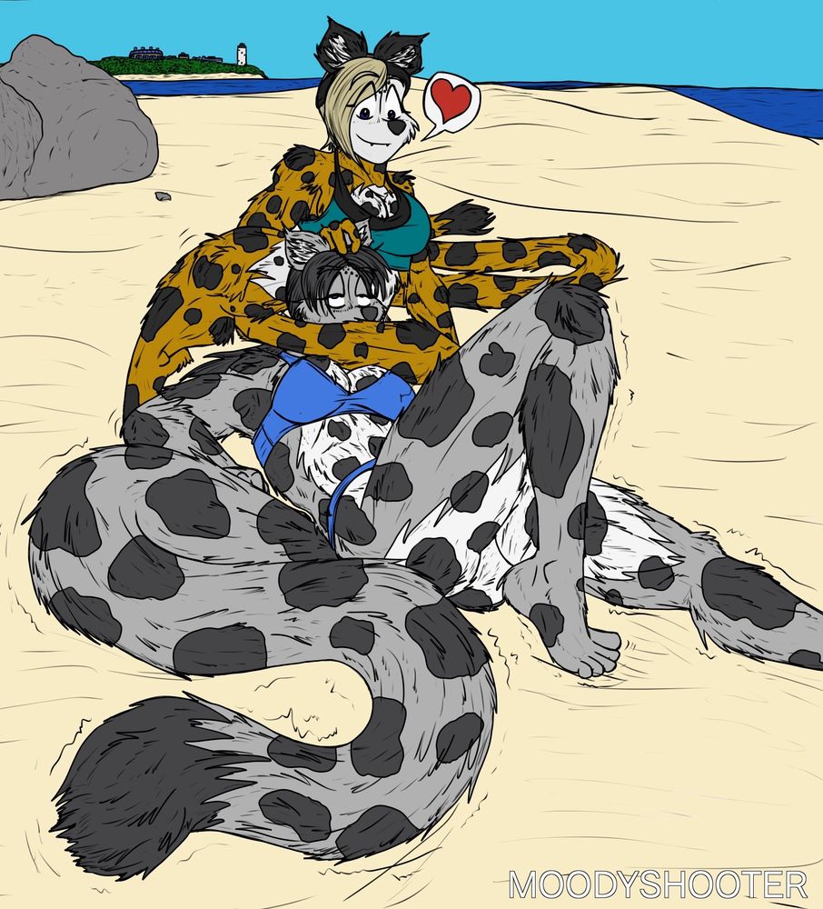 The latest Beach Rumble drawing where May Lee has been defeated by a head scissors choke from Jazz McGinty. Jazz holds her loosely and is giving the sleepy snep some gentle scritches on her head.