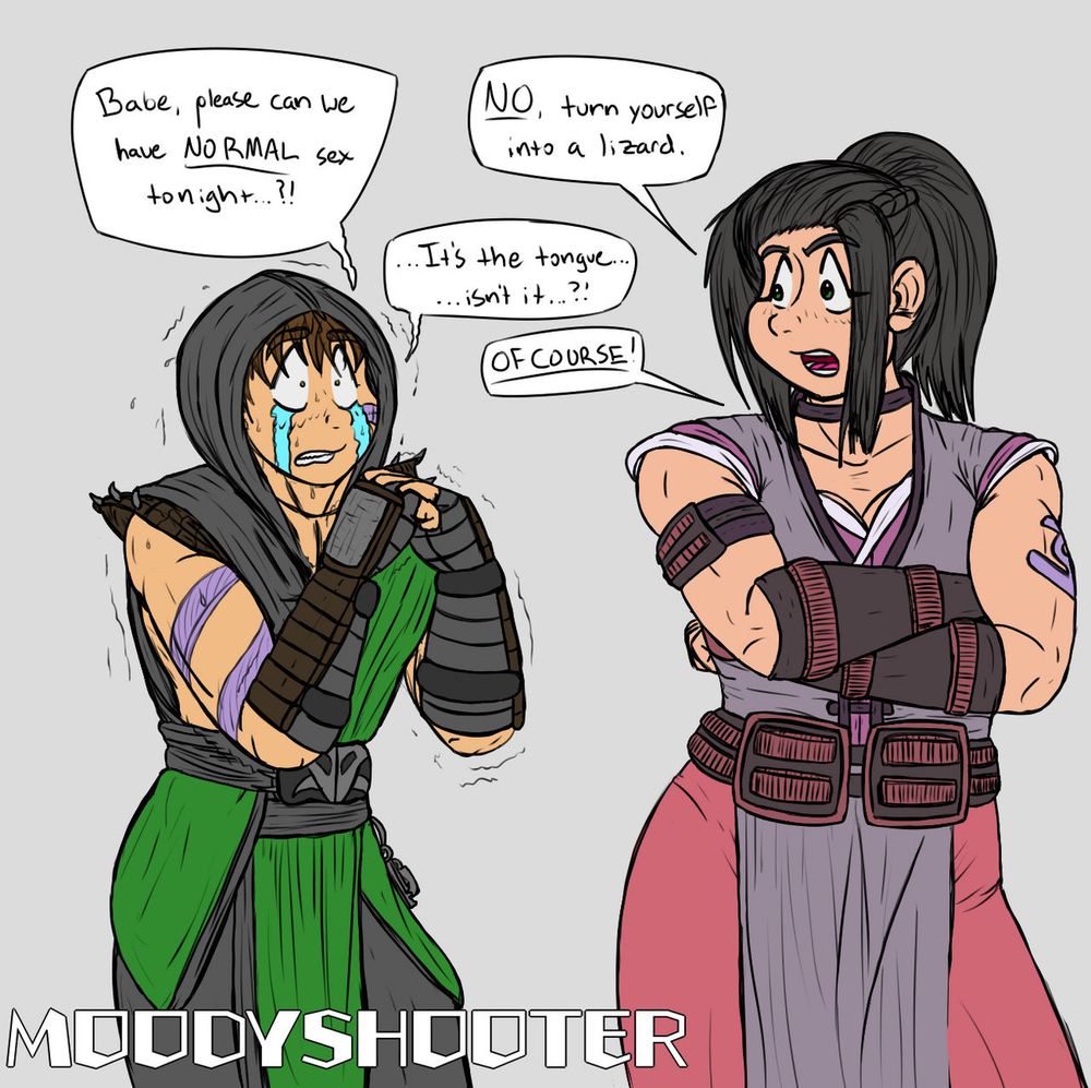 A REALLY dumb piece of art that was parodying the Raven/Beast Boy meme based off of a gag from Sonichaxd.

Back in MK Deception Li Mei’s ending had her becoming Onaga’s queen - and Onaga was possessing Reptile’s body. Obviously this didn’t happen in MK1 as Reptile is with Ashrah!