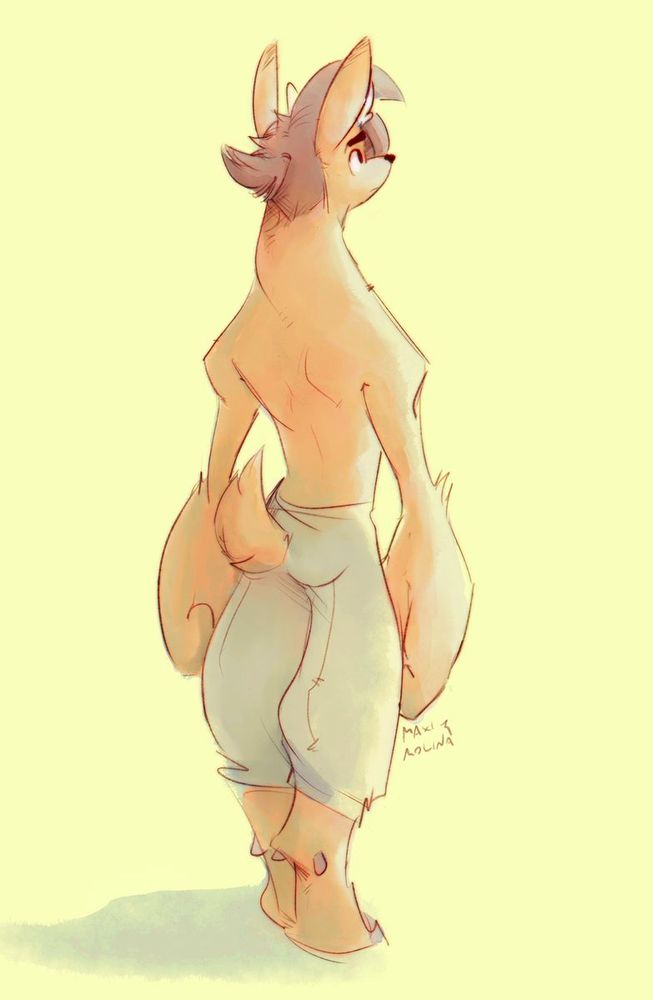 A shirtless yellow deer boy has his back turned towards us. He stares longingly ahead (Ader from The Hayseed Knight)