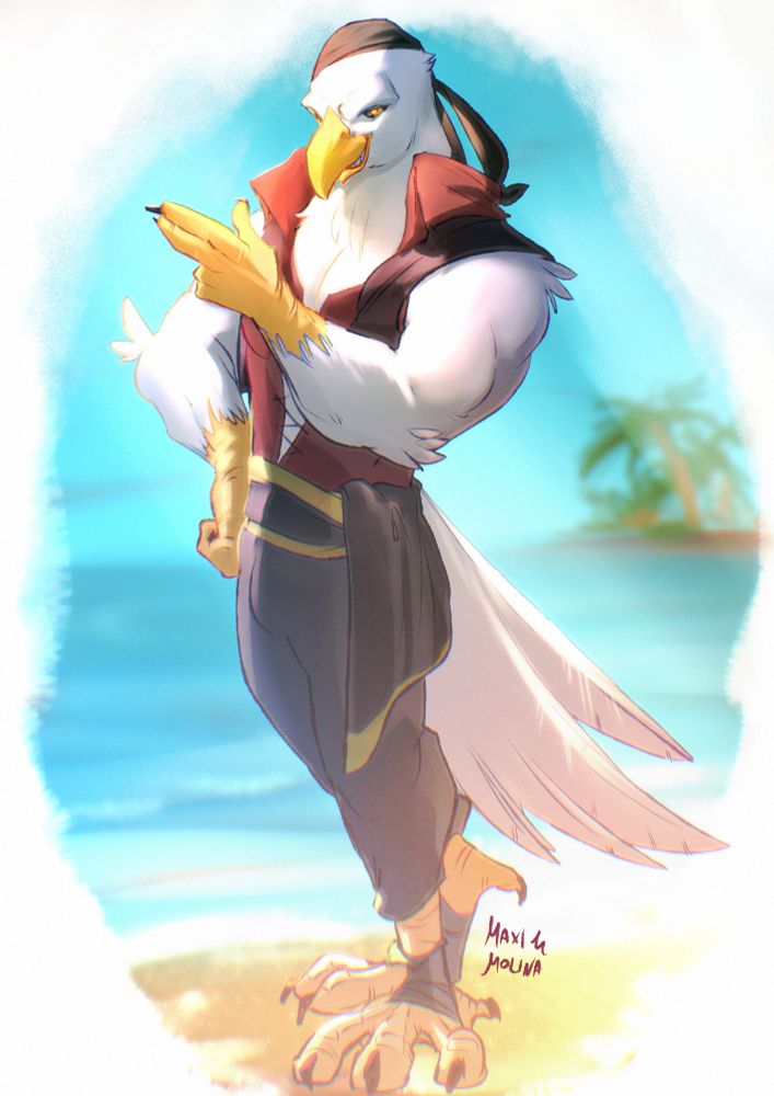 An eagle man dressed as a pirate doing a fingergun
