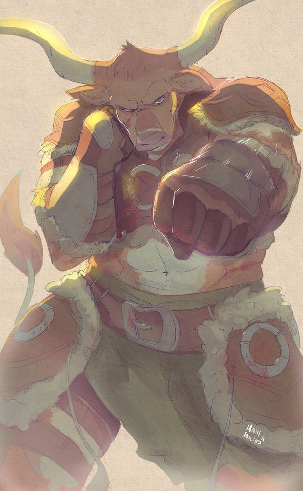 A muscular backlit cow-woman in leather armor and a skirt punching towards the viewer