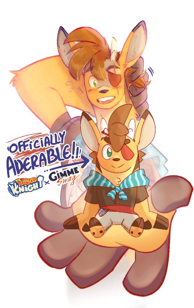 A flustered one-eyed yellow deer holding a chibi plushie version of itself. The text reads "Officially Aderable!! The Hayseed Knight x Gimme Swag"