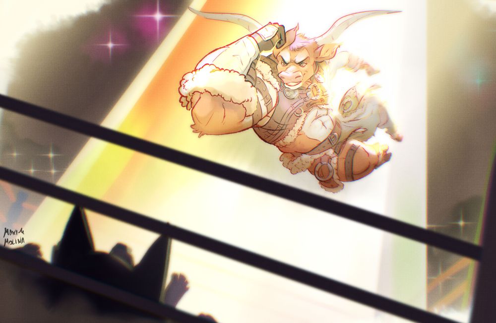 A warrior cow girl elbow dropping some wolf guy in a ring