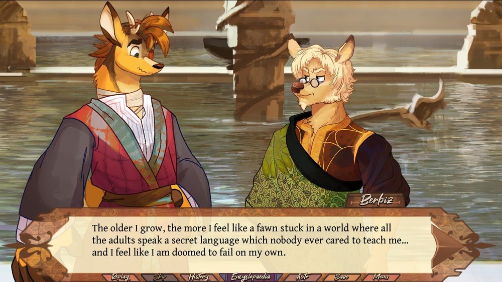 A poignant scene where a blonde, hornless stag with glasses and a goatee (Berbiz) tells a yellow one-eyed deer with short antlers (Ader): "The older I grow, the more I feel like a fawn stuck in a world where all the adults speak a secret language which nobody ever cared to teach me... and I feel like I am doomed to fail on my own." 