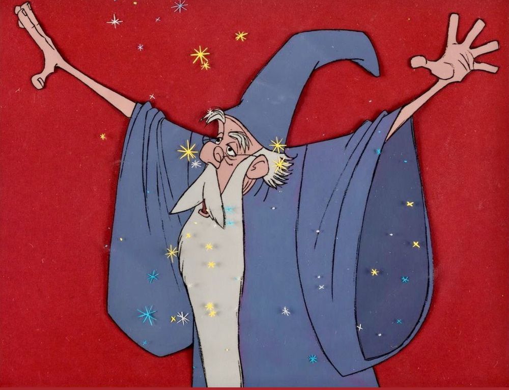 Screenshot of Merlin from Disney’s animated movie sword in the stone. It’s mid blink, so he looks tired or potentially high surrounded by sparkles. 