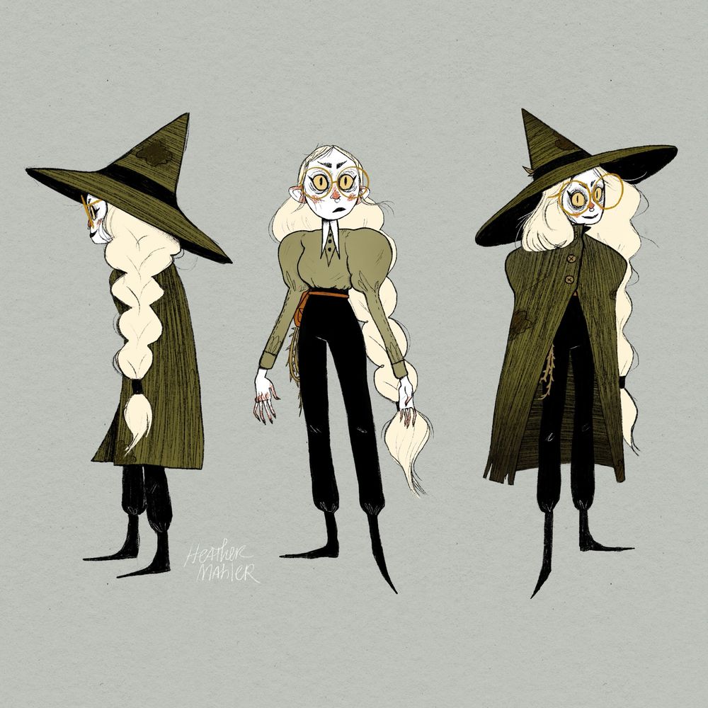 Illustration of a woman with white pale skin, gold cat eyes, long white blonde hair. They are wearing round orange glasses, sporting a puffy shoulder, olive green Victorian style shirt with high waisted black pants on and black pointy boots. They wear a wide rim, green hat and cloak. Weapon of choice a Vine spiked whip. A magic user.