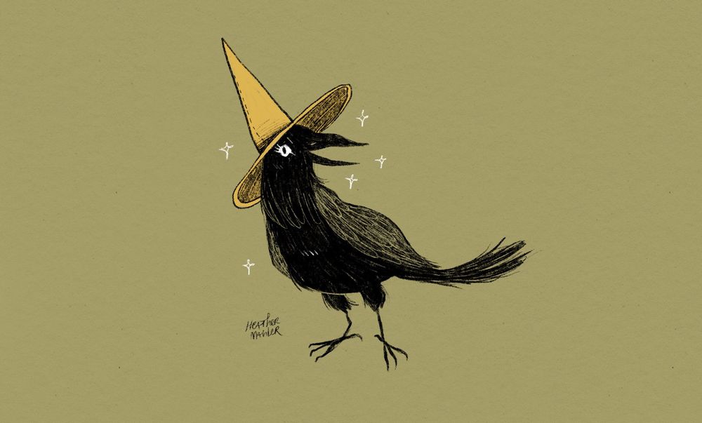 Drawing by me of a raven in a little witch hat