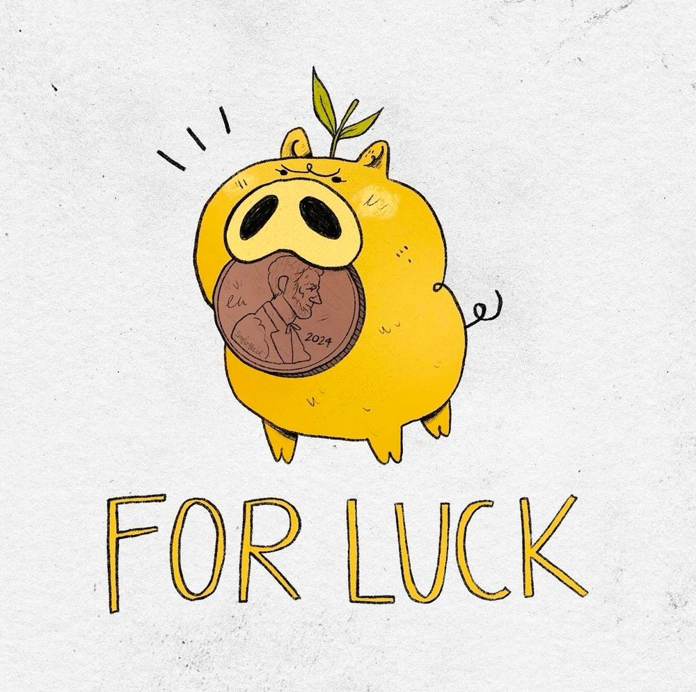 Drawing of a yellow lemon pig holding a penny for luck. 