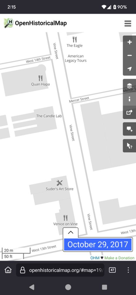 Vine Street from 13th St to 14th St in Cincinnati's Over-the-Rhine neighborhood as of October 29, 2017. Several businesses and buildings are marked, including The Eagle, Quan Hapa, American Legacy Tours, The Candle Lab, Suder's Art Store, and Venice on Vine. 