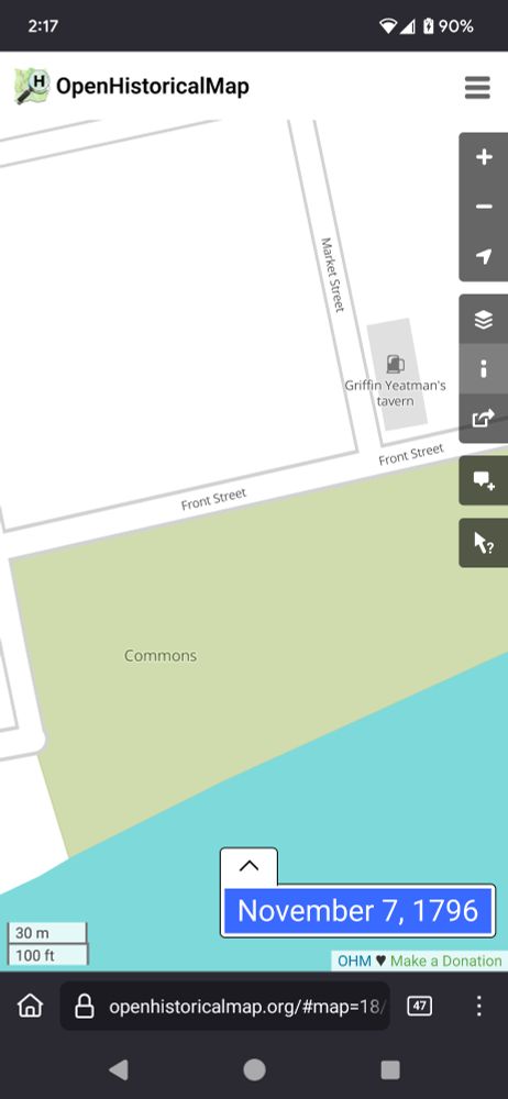 The riverfront of Cincinnati as of 1796. Griffin Yeatman's tavern is visible on the corner of Front Street and Market Street, right across the road from the common landing on the river