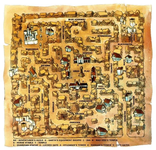 The hand-drawn map of Sara Brea that came on the inside of the folio packaging for the computer game The Bard's Tale (1985). Shades of tan and beige have twisty narrow streets lined with small houses, with about a dozen buildings picked out with fuller coloring, showing them as points of interest, and streets labeled with names like Serpent, Corbomite, Fargoer, and Trumpet.