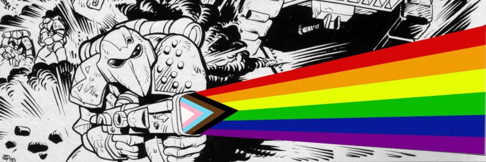 A group of Space Marines from Warhammer 40k stands in action poses amid explosions. One is firing past the viewer and the weapon trail is a stretched out Pride Flag.