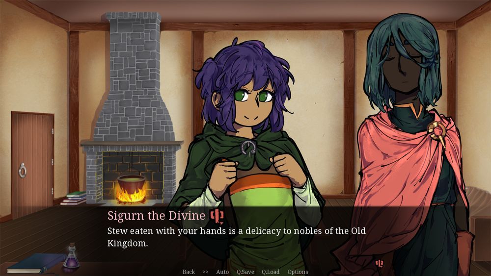 A screenshot of a vn, with a conversation between a purple haired warlock (witch?) and a green haired women. The women is called Sigurn the Divine and she is saying "Stew eaten with your hands is a delicacy to nobles of the Old Kingdom".