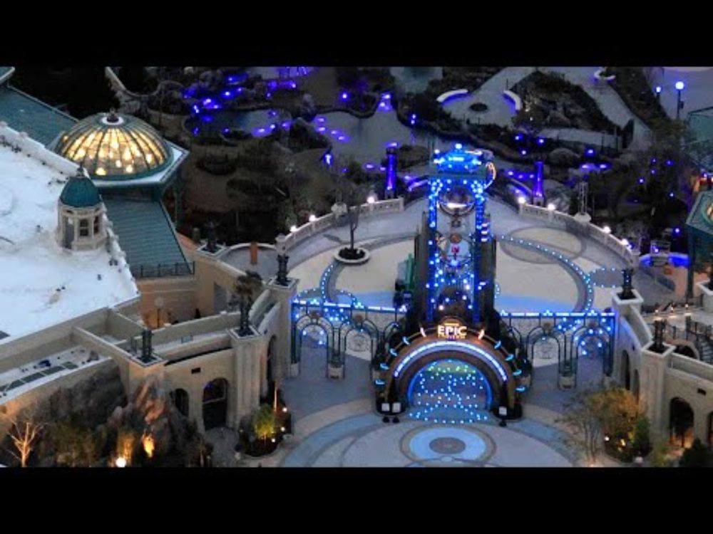 Aerial look at lighting in Epic Universe, with House Music