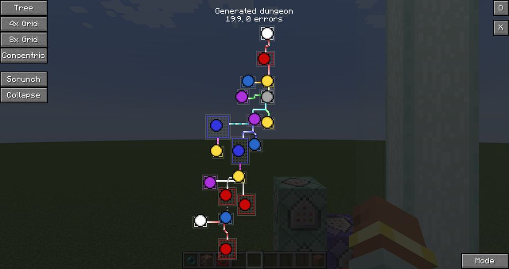 A scrunched dungeon layout, showing the rooms much closer together and with shorter paths between them. Not perfect just yet, but much better.
