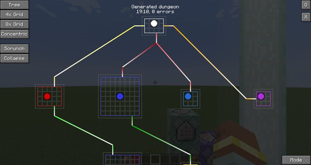 An un-scrunched dungeon layout, with paths marked in a gradient from colour to white to indicate the direction of each line segment.