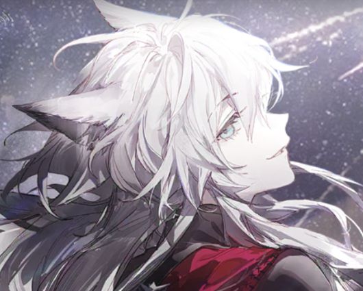 Lappland, same wolf-girl as the first picture, with a serene smile, looking back from the corner of her eye as fireworks explode in the sky behind her