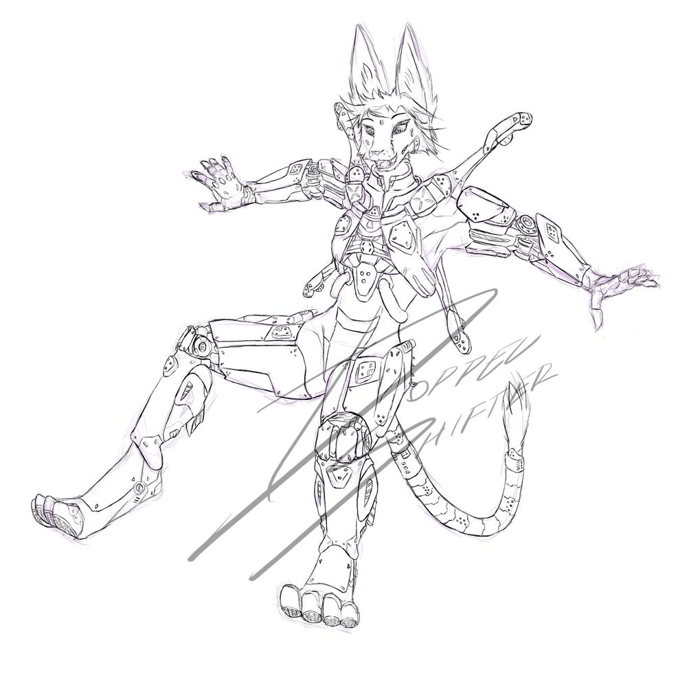 An anthropomorphic woman in power armor plus synthetic limbs hovers in the air, activating a built-in jetpack. Her expression shows excitement, as she admires the view below.