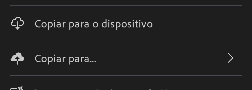 Botões do adobe scan dizendo Copiar Para o Dispositivo, sendo uma nuvem com a seta pra baixo e o botão Copiar Para, sendo uma nuvem atingida com uma seta pra cima.