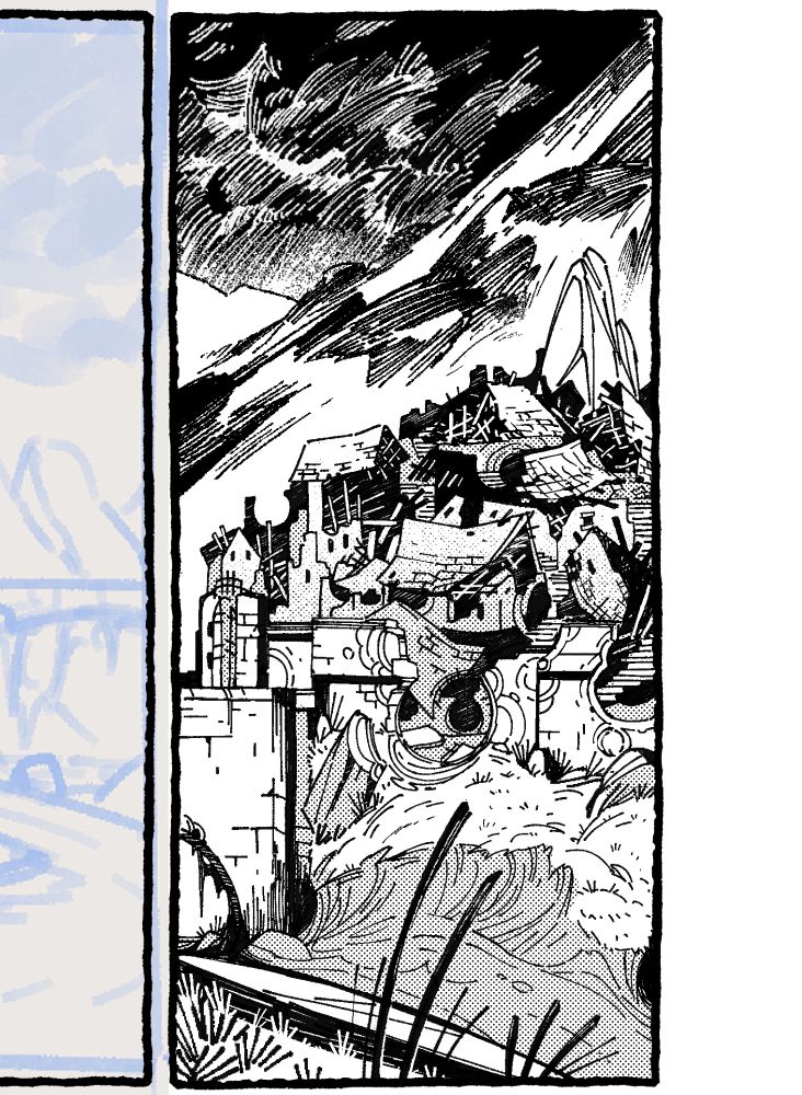 Ink test for my comic. Ruins of a walled village in the mountains with lots pf collapsed building and roofs. Weird circles are peppered all over the destruction.  The river is completely dry. A storm is closing.