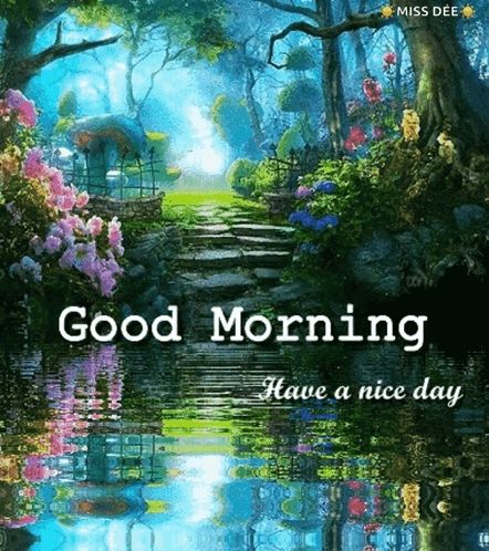 a picture of a forest with the words good morning have a nice day written on it