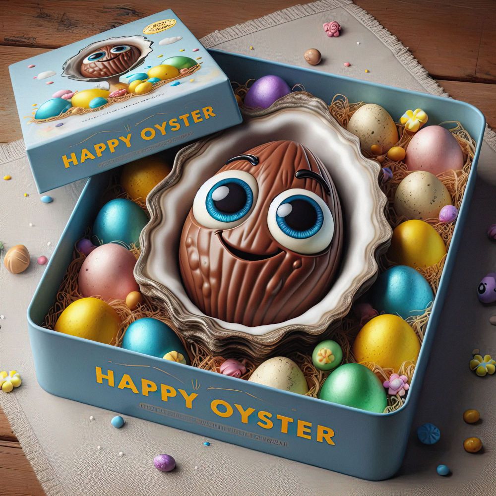A box containing a smiling chocolate oyster surrounded by multicoloured eggs. The box reads "Happy Oyster".