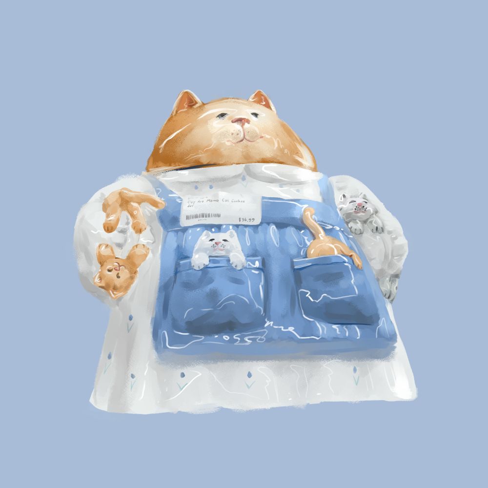 A cookie jar shaped like an anthropomorphic cat in a dress and apron. The cat is holding two kittens in its arms and two more in its apron pockets. There is a sticker label that reads "Clay Art Mama Cat Cookoe Jar" and priced at $36.99