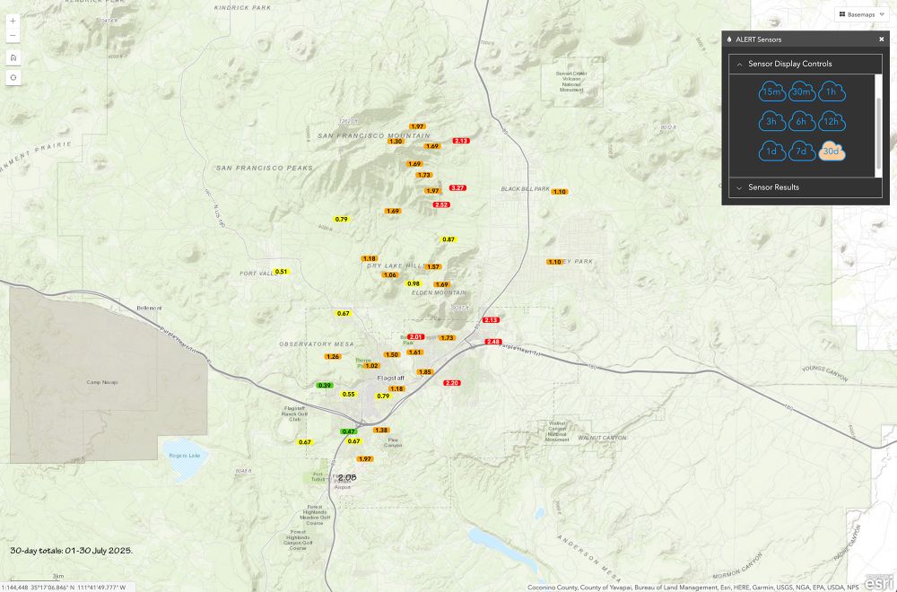 July rainfall totals from Flagstaff gauge network. Amounts in the city ranged from 0.39–2.48"; amounts in the hills and mountains were 0.79–3.27". Lots of variation over very short distances, especially near the airport.