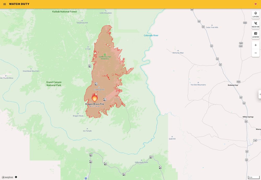 Map showing the perimeter of the Dragon Bravo fire burning on the Kaibab Plateau in northern Arizona. The fire continues to exhibit extreme behavior owing to warm temperatures, breezy winds, and unseasonably low relative humidity.