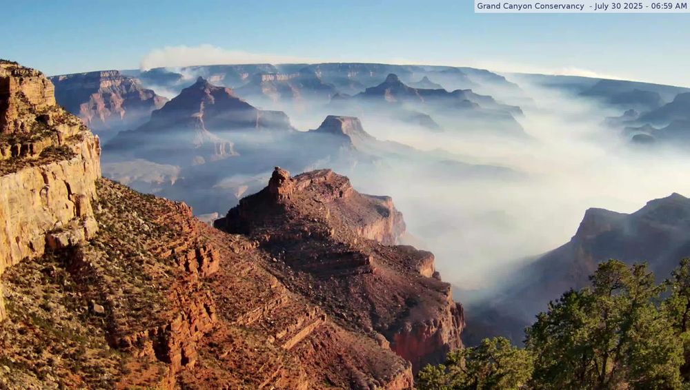 Image from the Kolb Studio webcam captured at 0659 MST this morning showing smoke filling the Grand Canyon. Most trails remain closed.