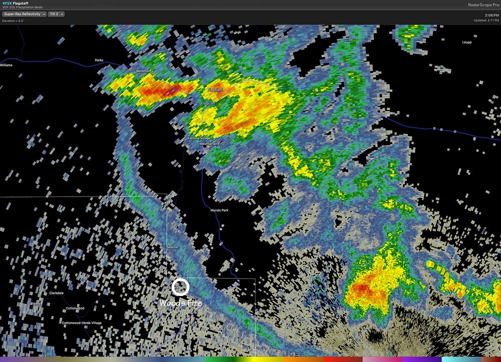 Radar depiction of convection driving a strong outflow boundary off the higher terrain and towards the southwest. A new fire (Woods Fire) will likely have a wind shift with the passage.