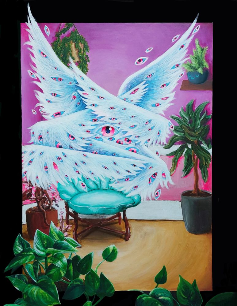 An angel with six wings and many, many eyeballs floats above a teal chair. The angel has white feathers and pink eyes. Lots of plants surround the entity. The plants in the original painting are unidentifiable, but the artist has added pothos in the foreground, growing out of the borders of the frame. I’m sure they’d tell you “be not afraid” or whatever and ask if you have games on your phone. 