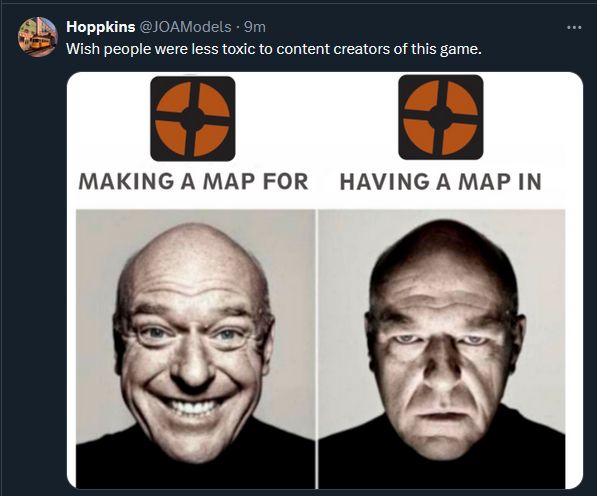 A twitter screenshot from an account named Hoppkins, @JOAModels, it reads; Wish people where less toxic to content creators of this game.