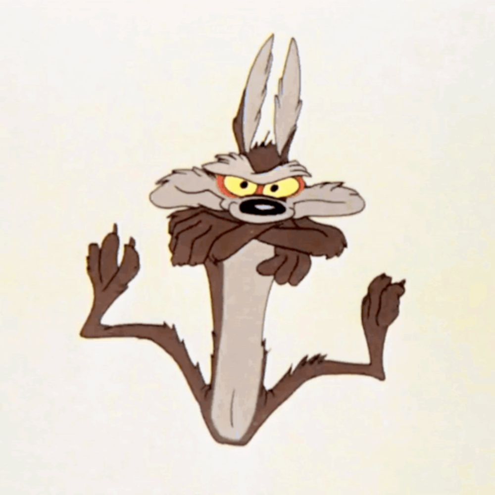 a cartoon coyote with his arms crossed and a yellow eye