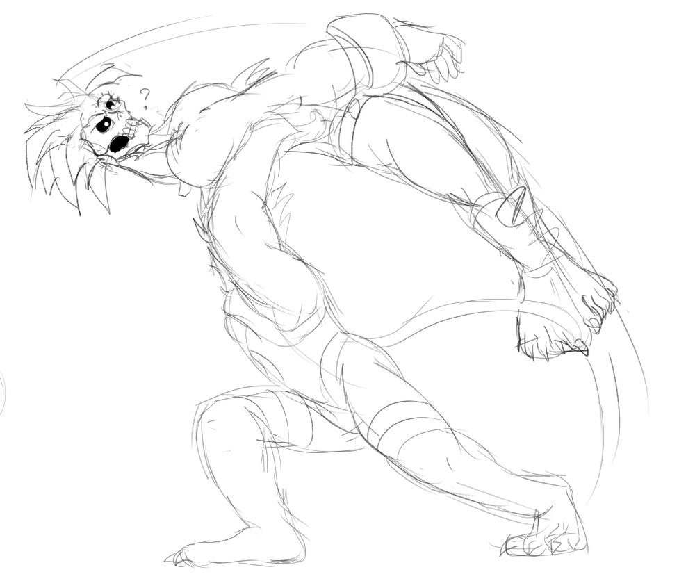 my OC Tyler in werecat form slamming Lord Raptor overhead into the ground