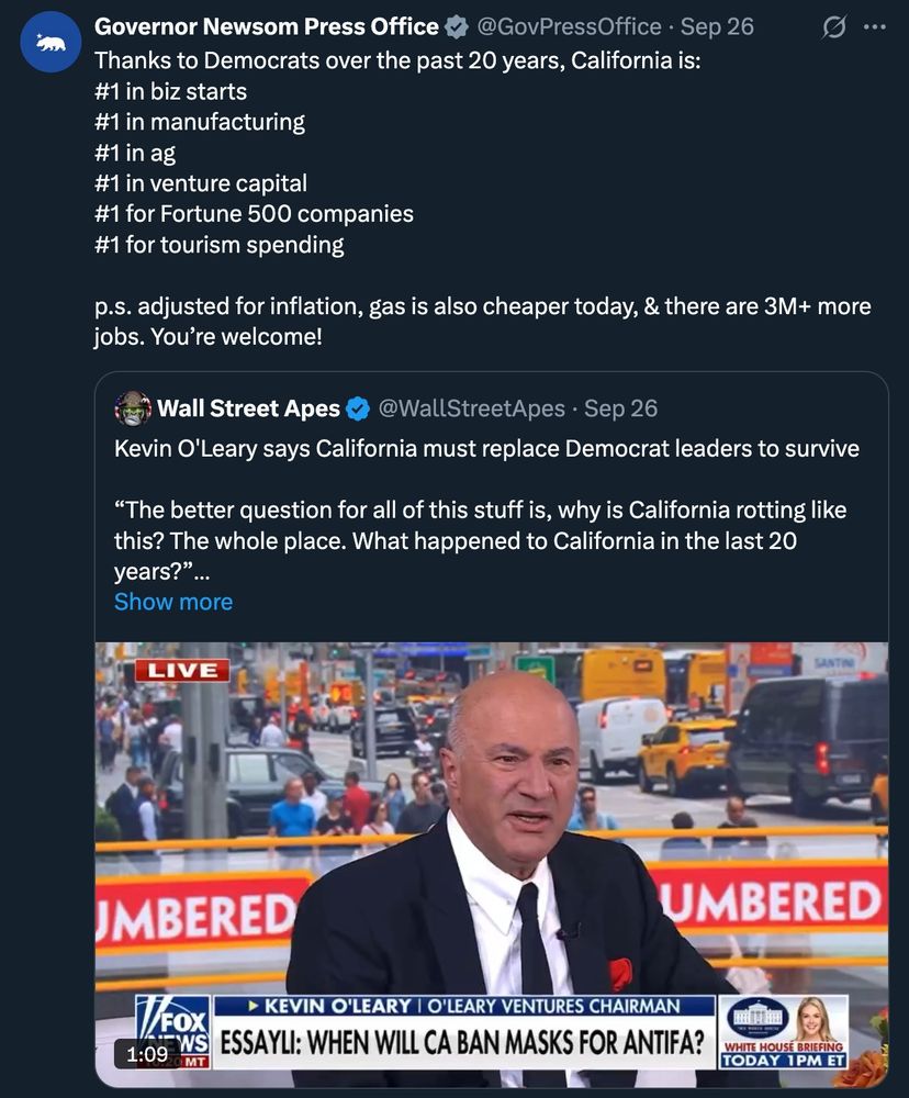 Newsom points out how well California is doing, despite GOP whining.