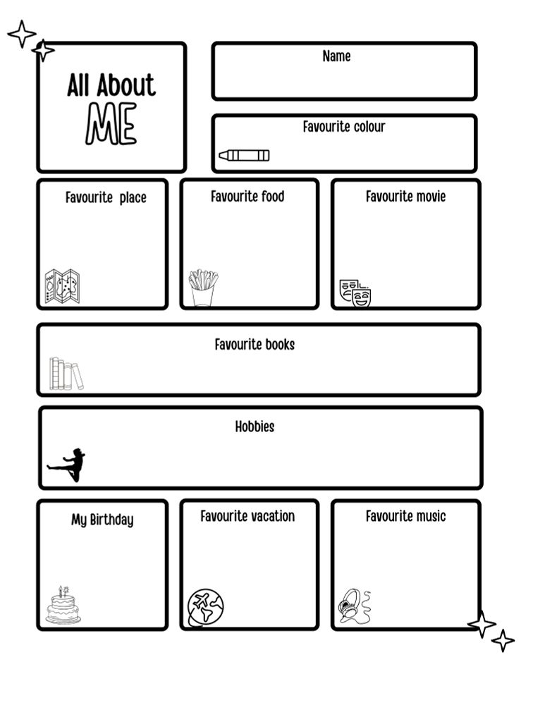 A 'lil "All About Me" acitivity page for kids...

Handy for:

🎨boredom buster activity when you are travelling
🎒handout to give to kids at author visits
☀️summer camp activity
🗺️Scavenger hunt with people
💬 Interview activity for classrooms

#kidlit #CanKidLit