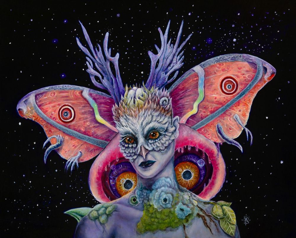Owl hybrid woman with pale Lila skin  with purple stag horn mushrooms antlers and pink moth wings, and body covered with moss anx lichens.